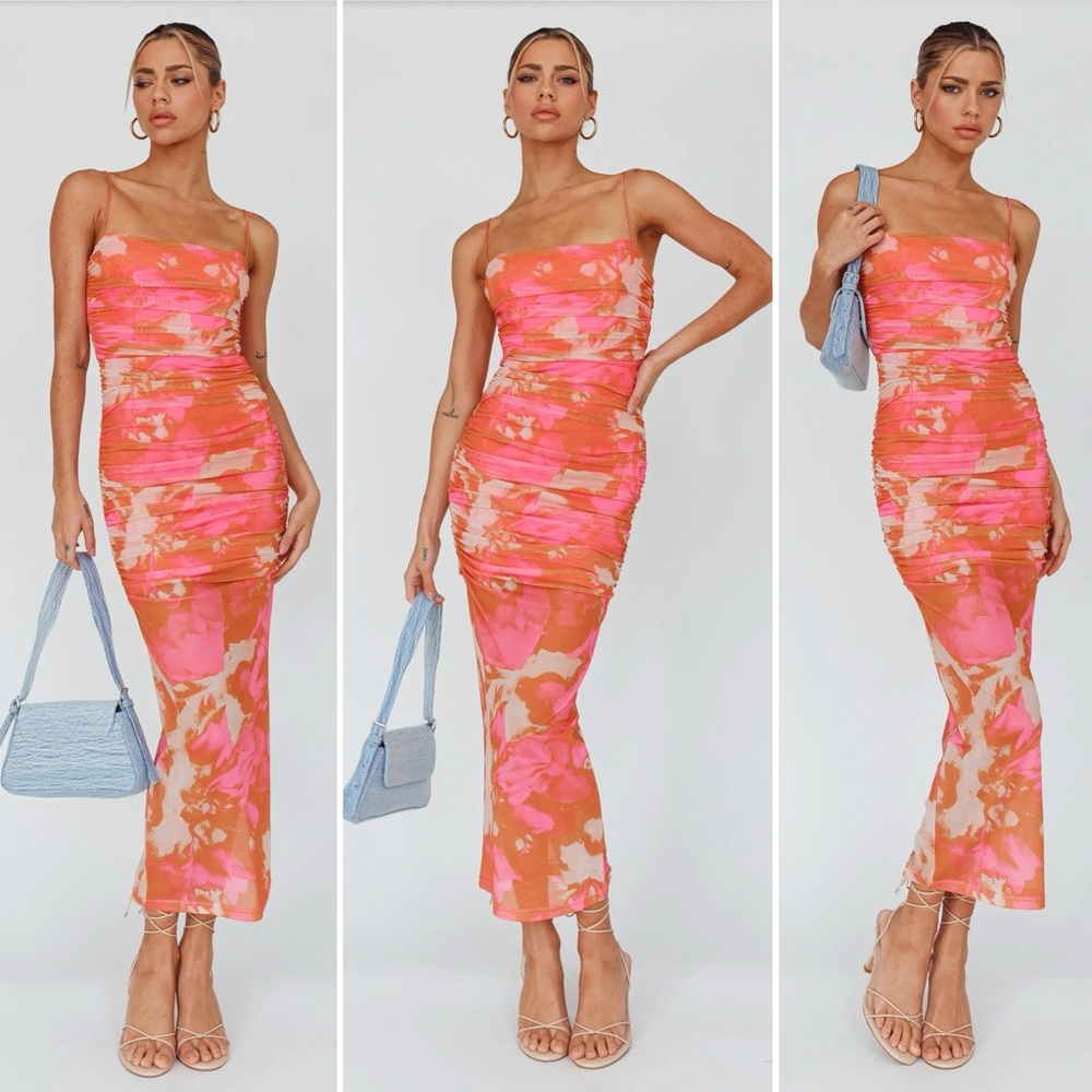 Logan Cami Strap Mesh Midi Dress Ruched Floral Pink Orange